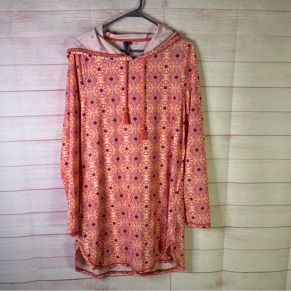 Aqua Et Sol Mandalla Hooded‎ Pink Orange Red Print Swim Dress Cover-Up Medium